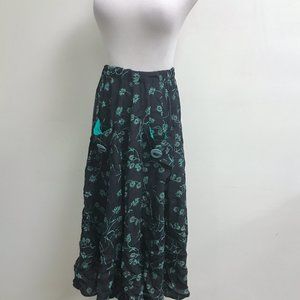 Janice McCarty black turquoise blue floral rayon midi skirt S boho vintage